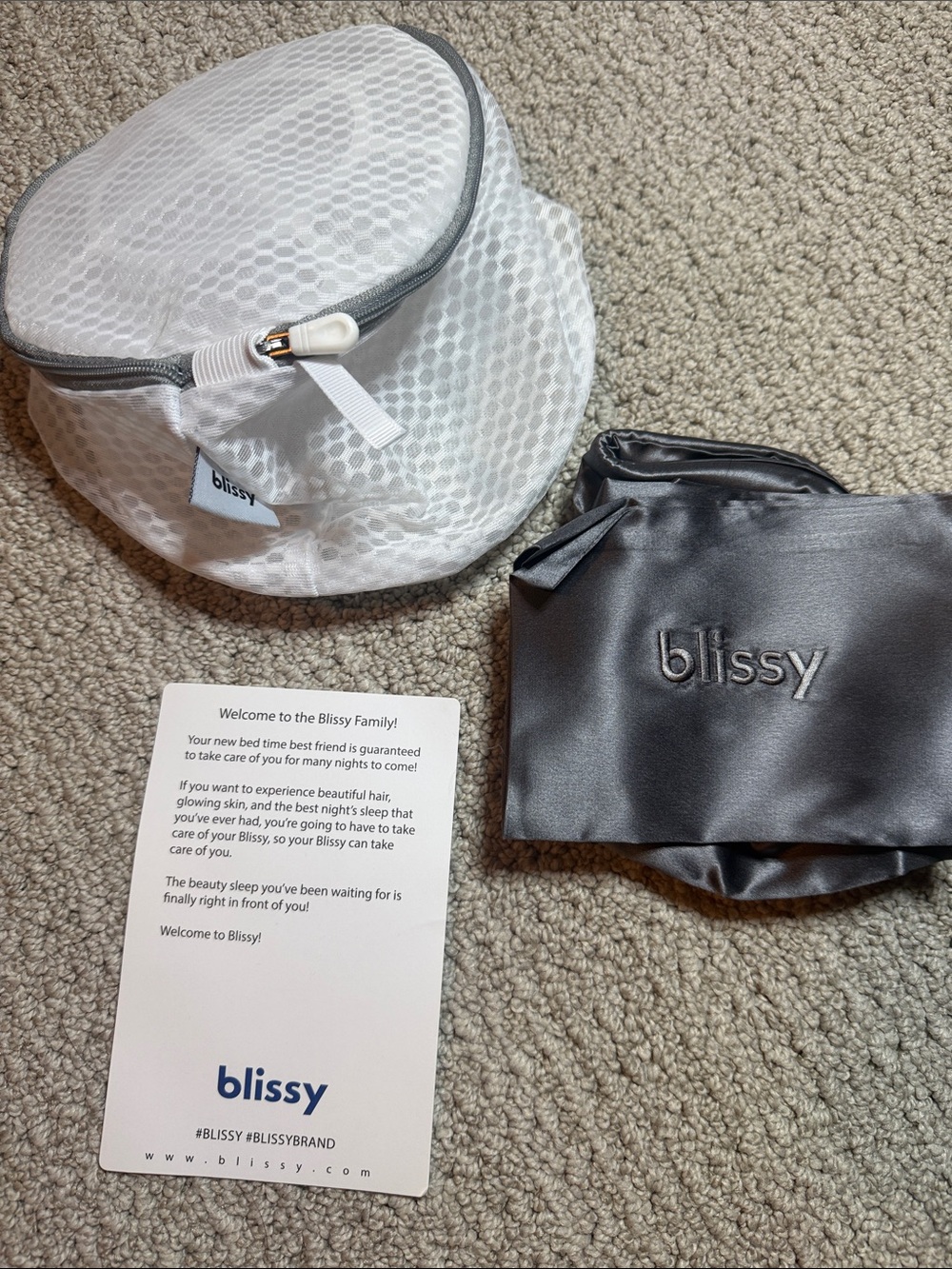 Bliss Silver Satin Pillow Case- Embroidered Logo 19” with mesh laundry bag